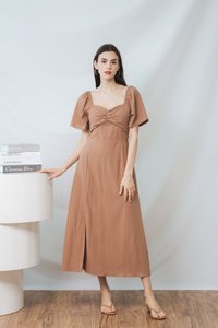 Penelope Ruched Slit Midi Dress in Khaki (XS)