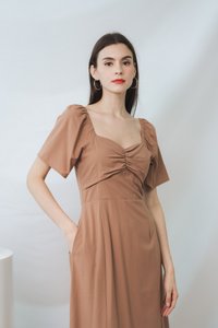 Penelope Ruched Slit Midi Dress in Khaki (XS)