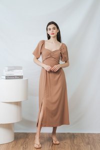 Penelope Ruched Slit Midi Dress in Khaki (XS)