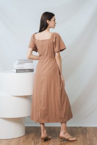Penelope Ruched Slit Midi Dress in Khaki (XS)