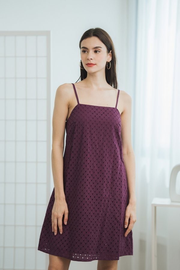 Mae Eyelet Trapeze Camisole Dress in Deep Purple (XS)