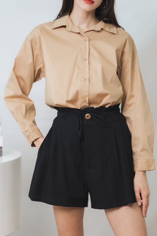Barbara Drawstring Linen Short in Black (XS)