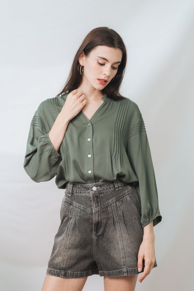 Colleen Pintucked Shirt in Olive Green
