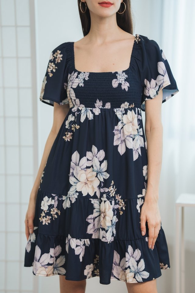 Kinsley Floral Smocked Tiered Dress in Navy