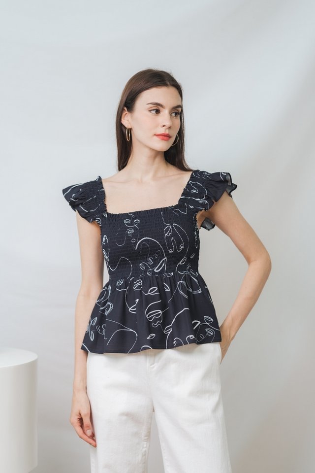 Hyams Abstract Smocked Top in Black