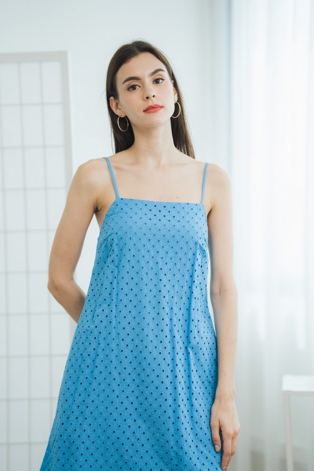 Mae Eyelet Trapeze Camisole Dress in Blue