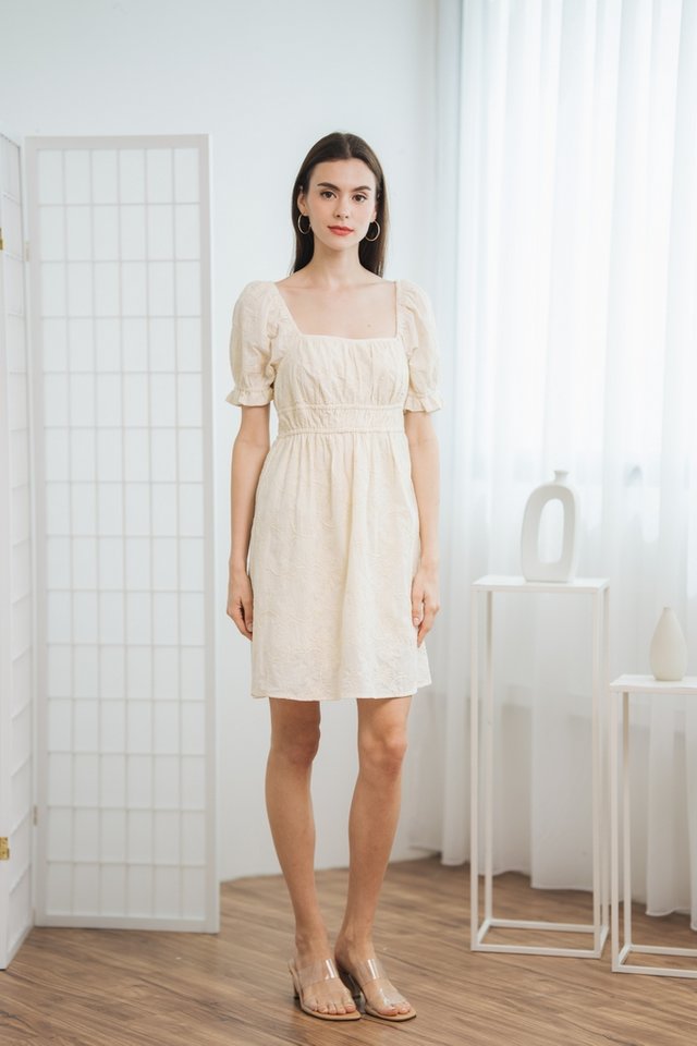 Sydney Embroidery Elastic Waist Dress in Cream