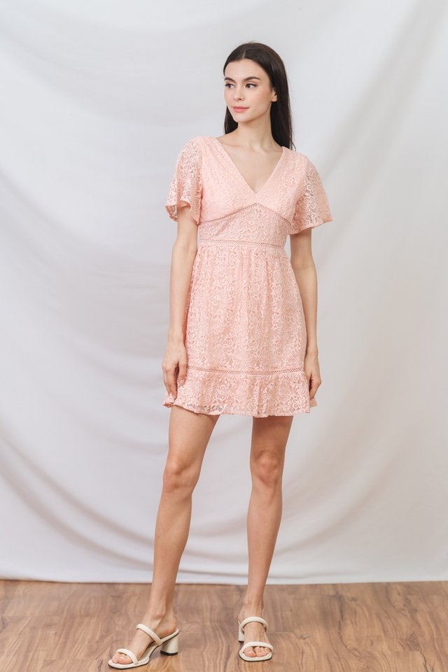 Stellan Lace Sleeves Dress in Peach