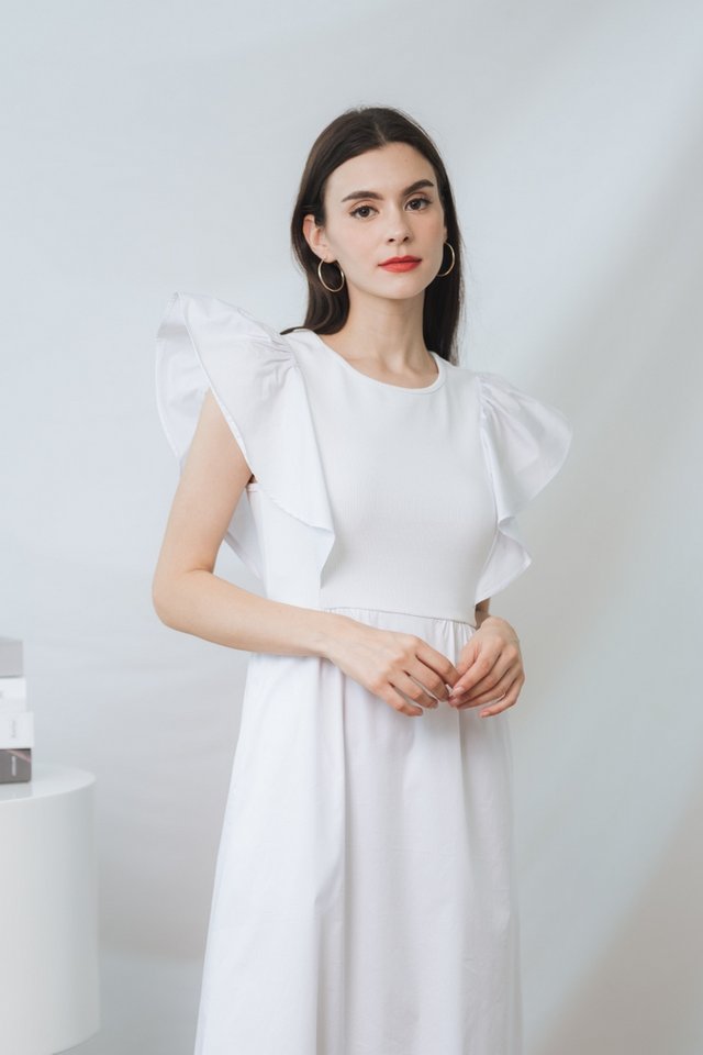 Addison Mixed Fabric Midi Dress in White