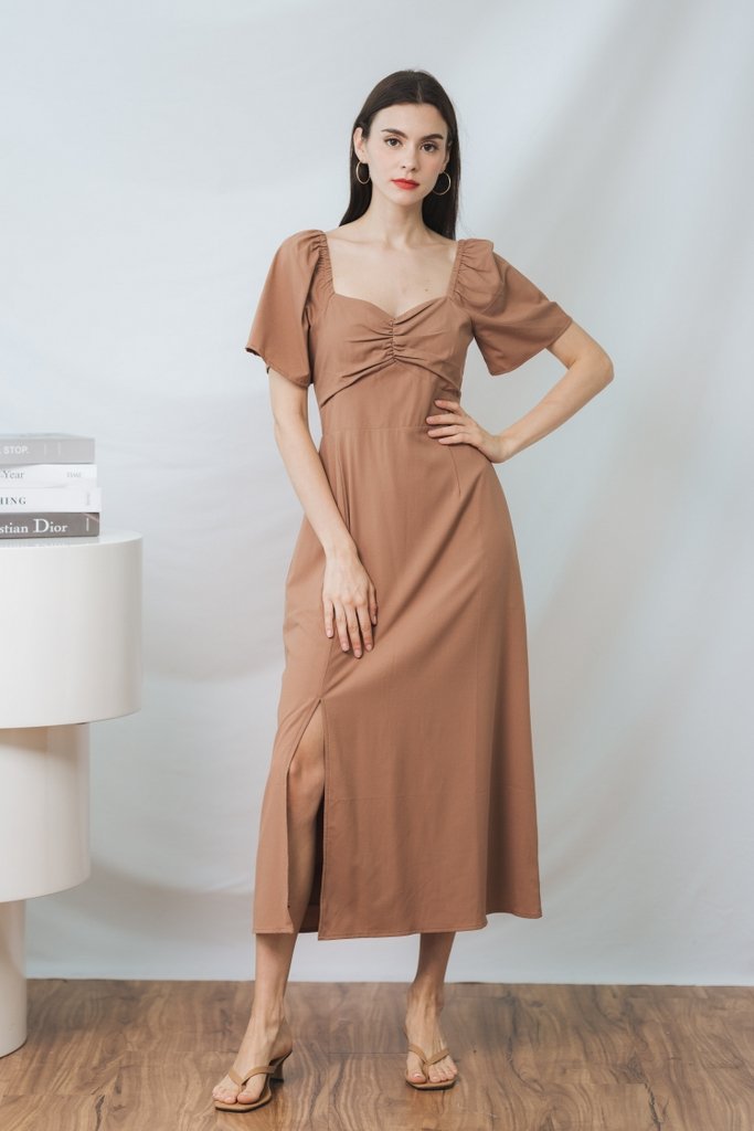 Penelope Ruched Slit Midi Dress in Khaki (XS)