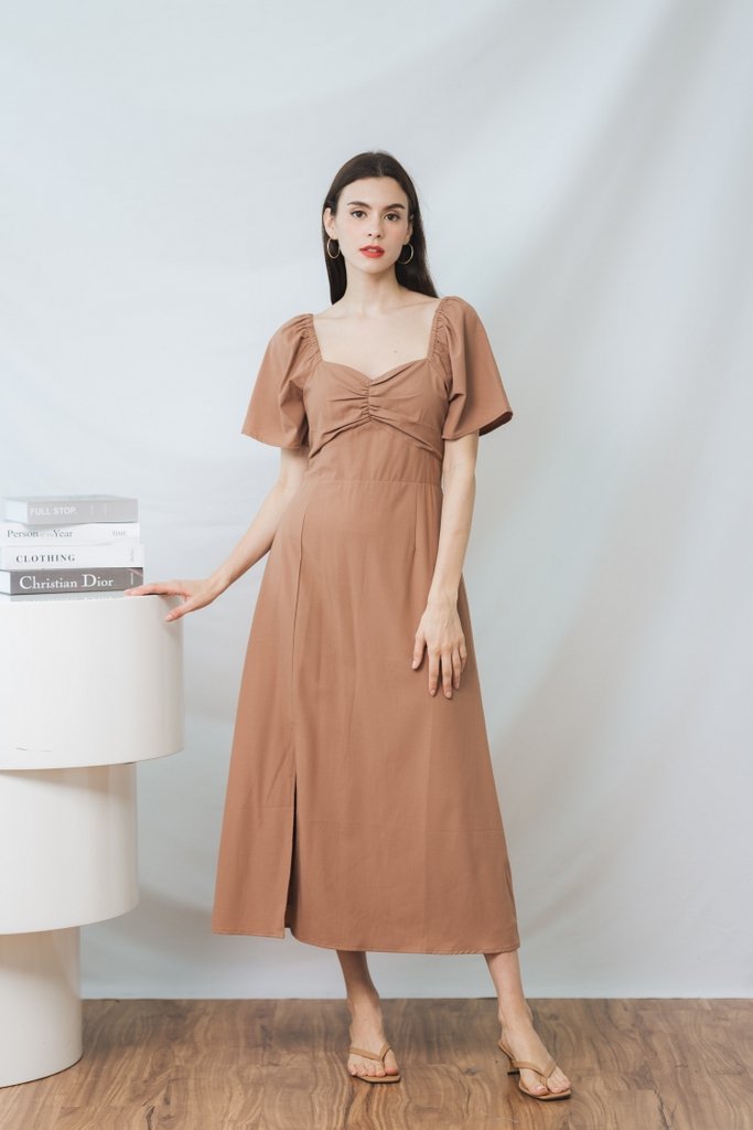 Penelope Ruched Slit Midi Dress in Khaki (XS)