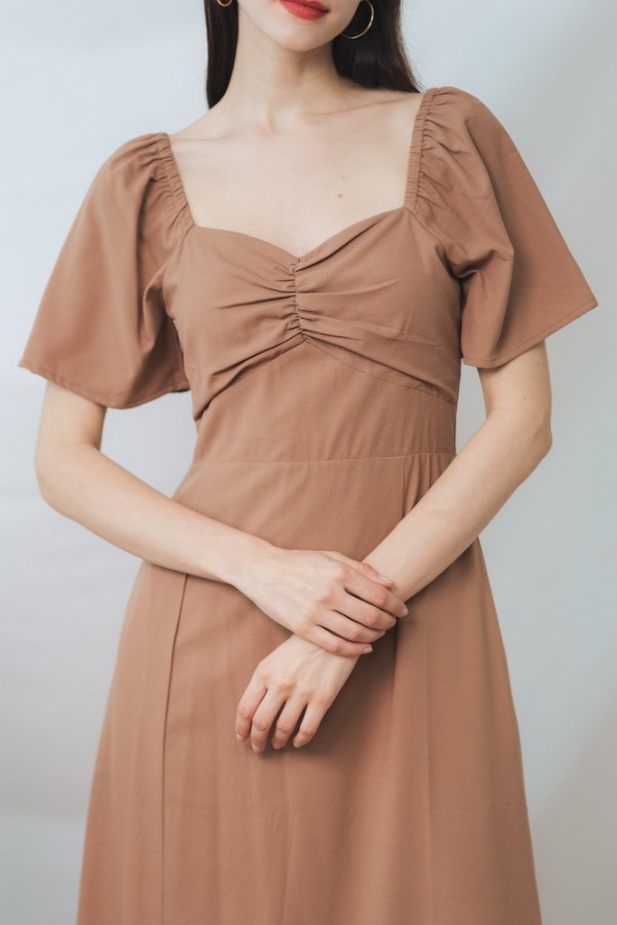 Penelope Ruched Slit Midi Dress in Khaki (XS)