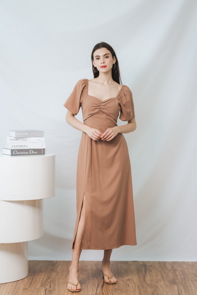 Penelope Ruched Slit Midi Dress in Khaki (XS)