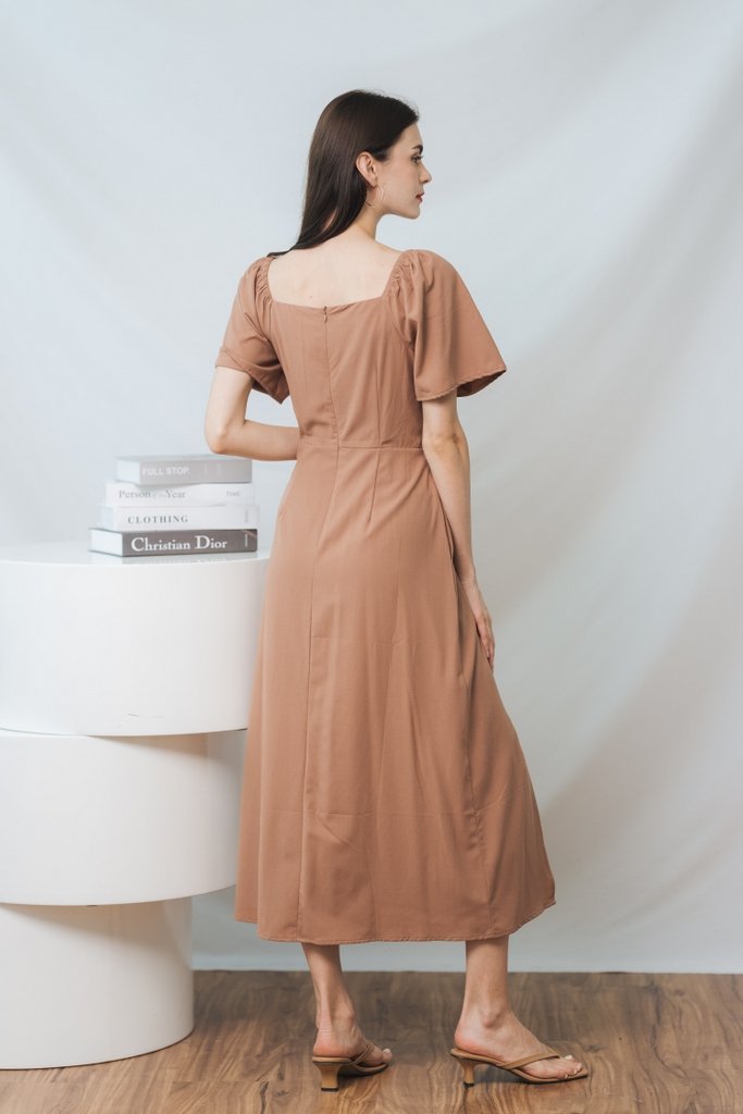 Penelope Ruched Slit Midi Dress in Khaki (XS)