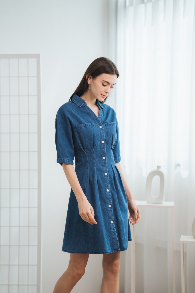 Selena Button Denim Dress in Dark Denim