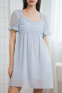 Kennedy Swiss Dots Ruched Dress Romper in Powder Blue (XS)