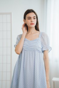 Kennedy Swiss Dots Ruched Dress Romper in Powder Blue (XS)