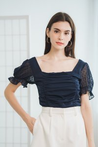 Arianna Ruched Smocked Back Top in Navy Blue (XS)