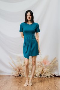Kyra Overlap Cotton Work Dress in Teal (XS)