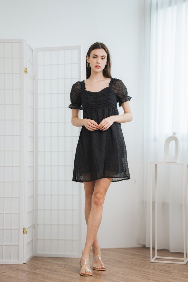 Kennedy Swiss Dots Ruched Dress Romper in Black (XS)