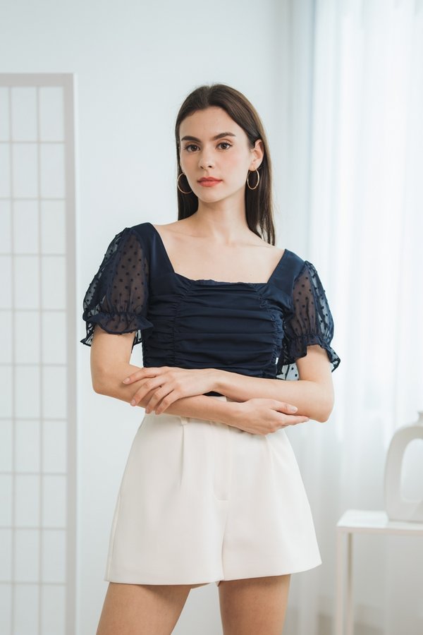 Arianna Ruched Smocked Back Top in Navy Blue (XS)