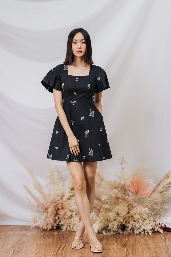Chloe Embroidery Fit & Flare Dress in Black (XS)