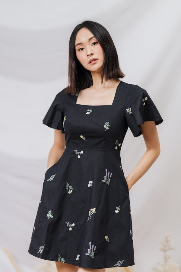 Chloe Embroidery Fit & Flare Dress in Black (XS)