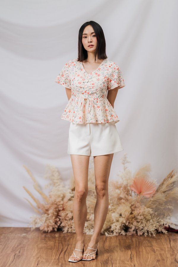Godet Drawstring Ruched Eyelet Top in Cream (XS)