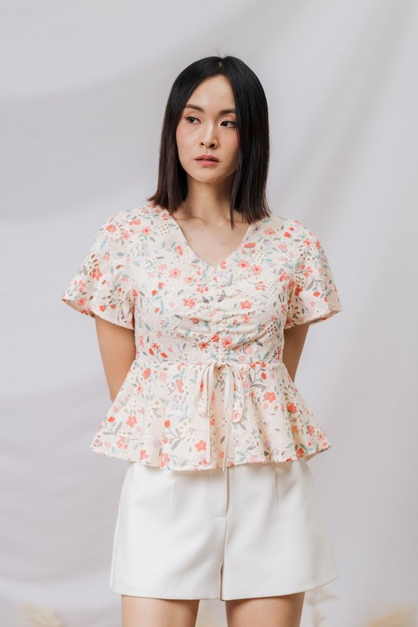Godet Drawstring Ruched Eyelet Top in Cream (XS)