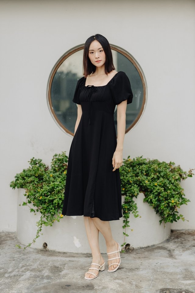 Yelena Ruched Slit Midi Dress in Black