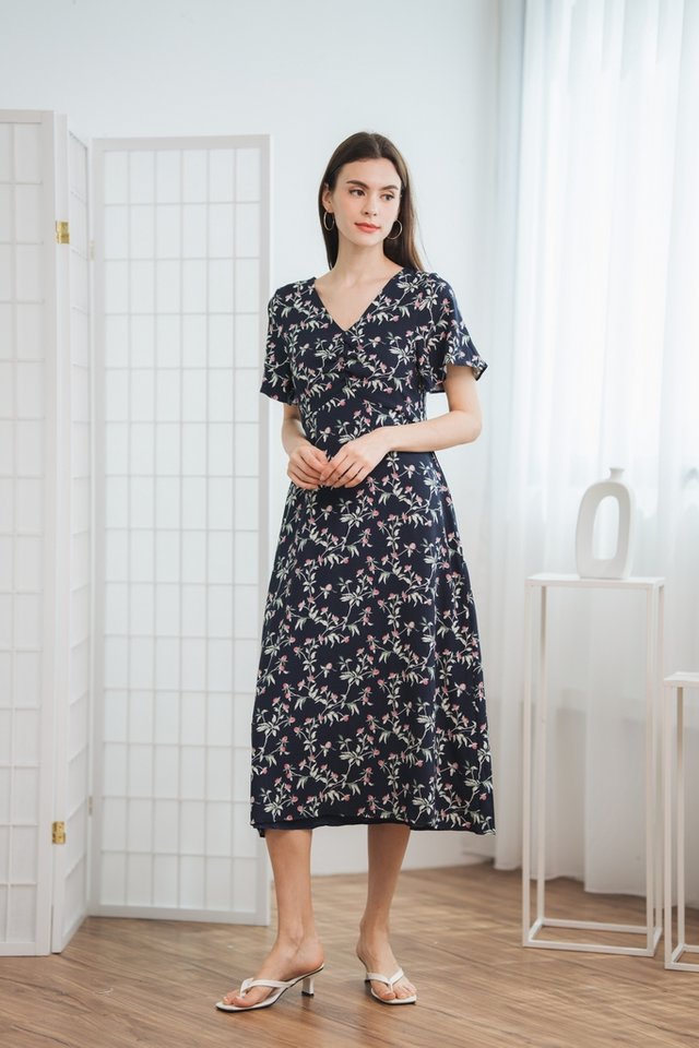Presley Floral Ruched Midi Dress in Navy