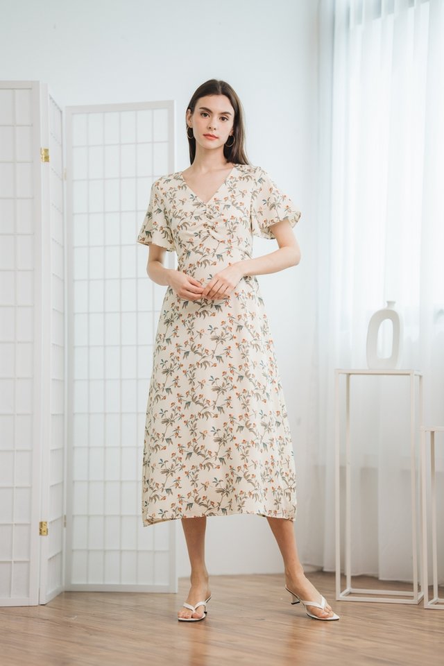 Presley Floral Ruched Midi Dress in Cream