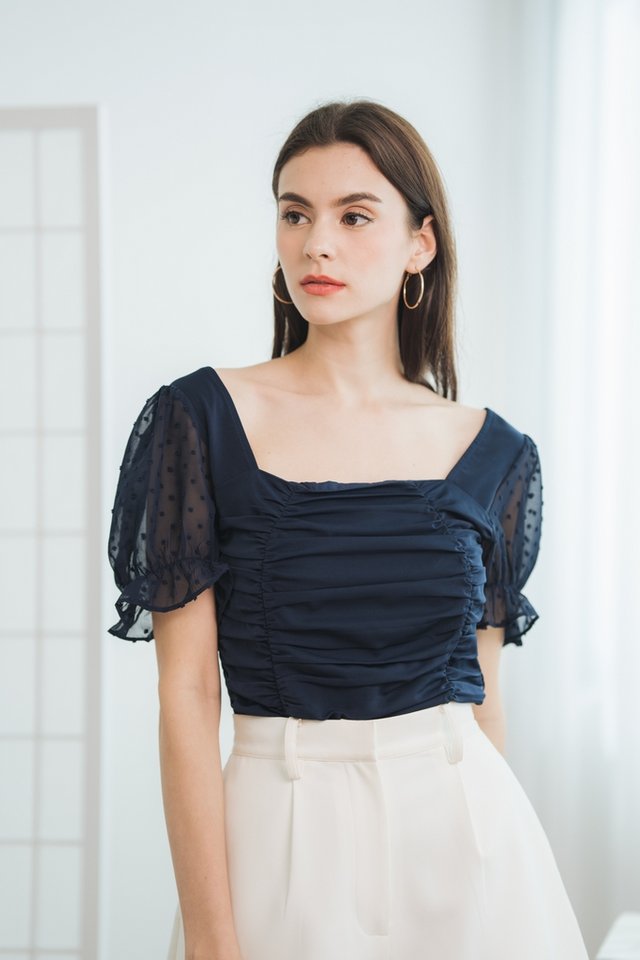 Arianna Ruched Smocked Back Top in Navy Blue