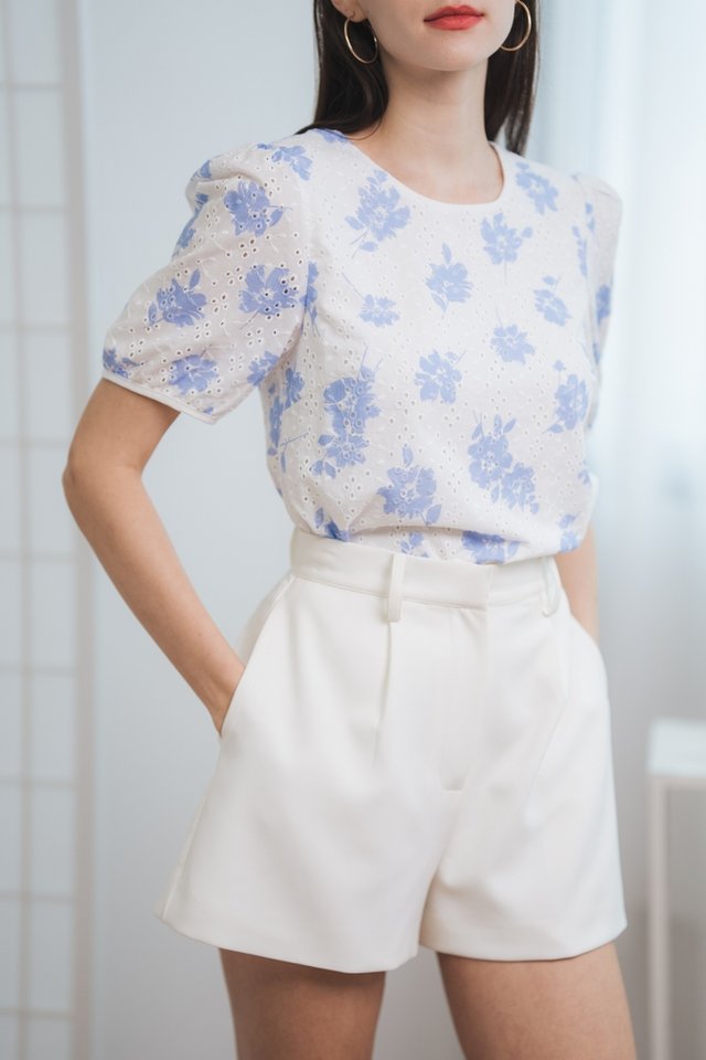 Gaia Blue Florals Eyelet Top in White