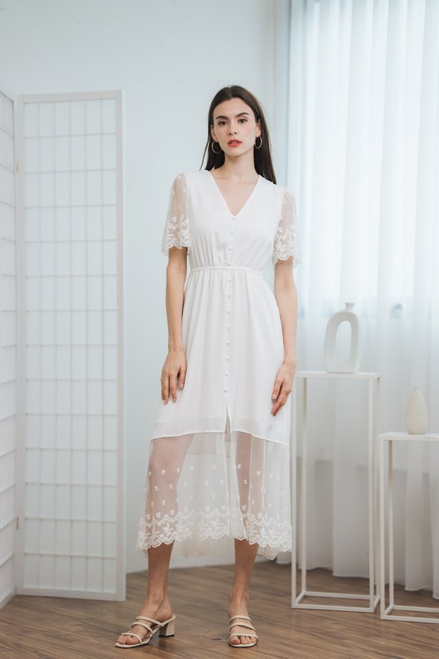 Tina Mesh Maxi Embroidery Dress in White