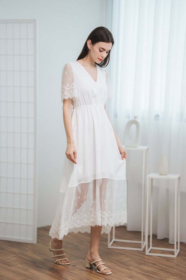 Tina Mesh Maxi Embroidery Dress in White