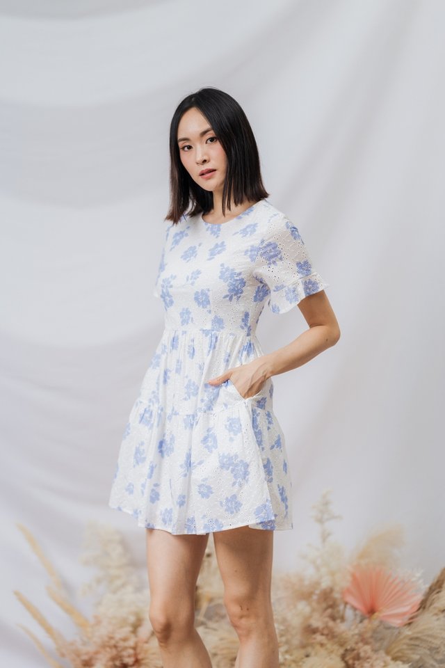 Gaia Blue Florals Tiered Dress in White