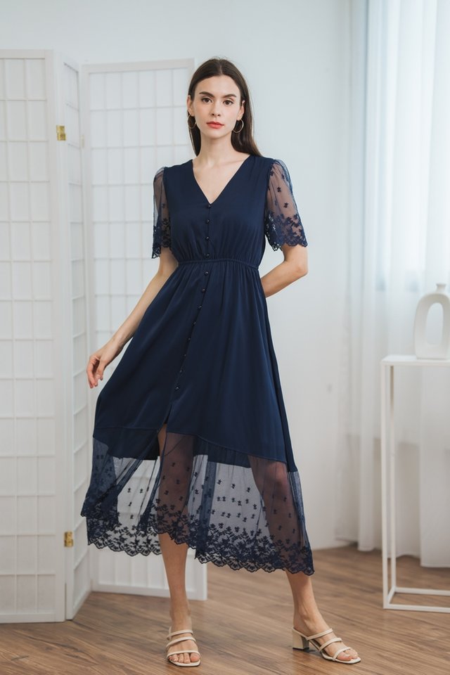 Tina Mesh Maxi Embroidery Dress in Navy