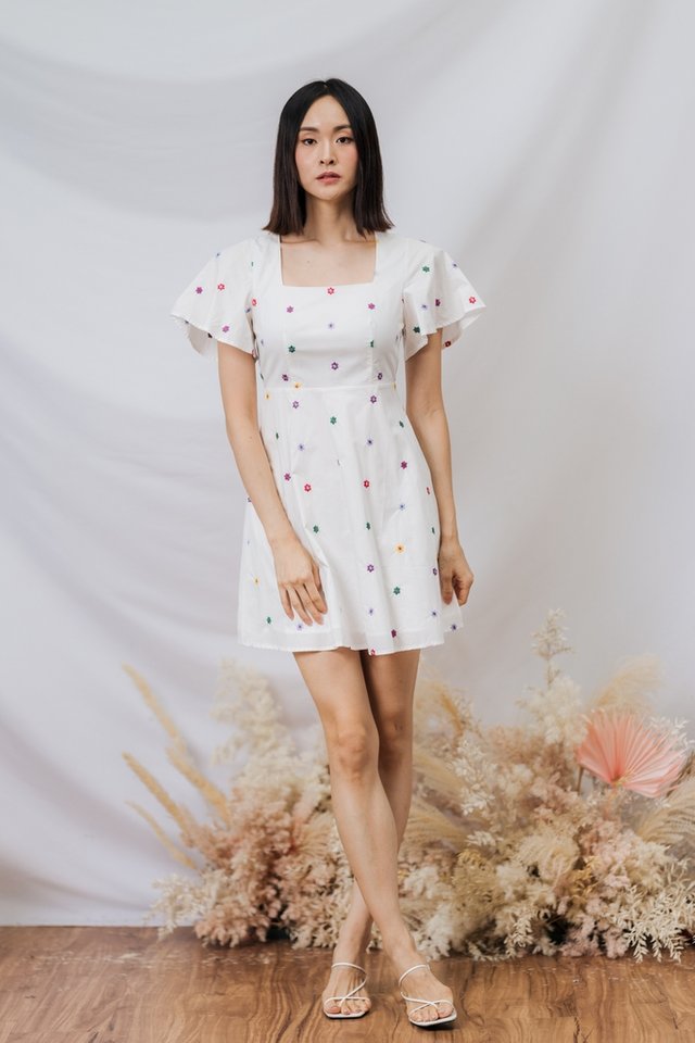 Fizz Embroidery Fit & Flare Dress in White