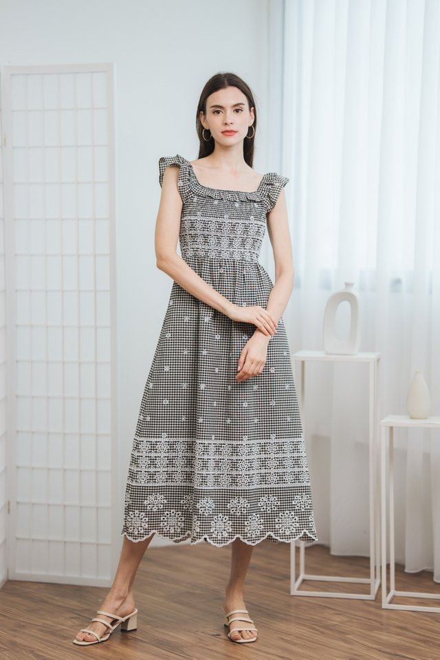 Cannes Gingham Embroidery Maxi Dress in Black