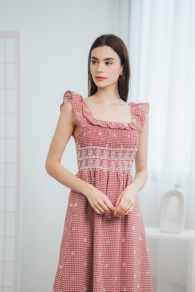 Cannes Gingham Embroidery Maxi Dress in Red