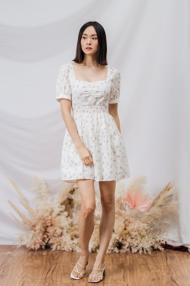 Florenza Floral Sleeve Dress in White 