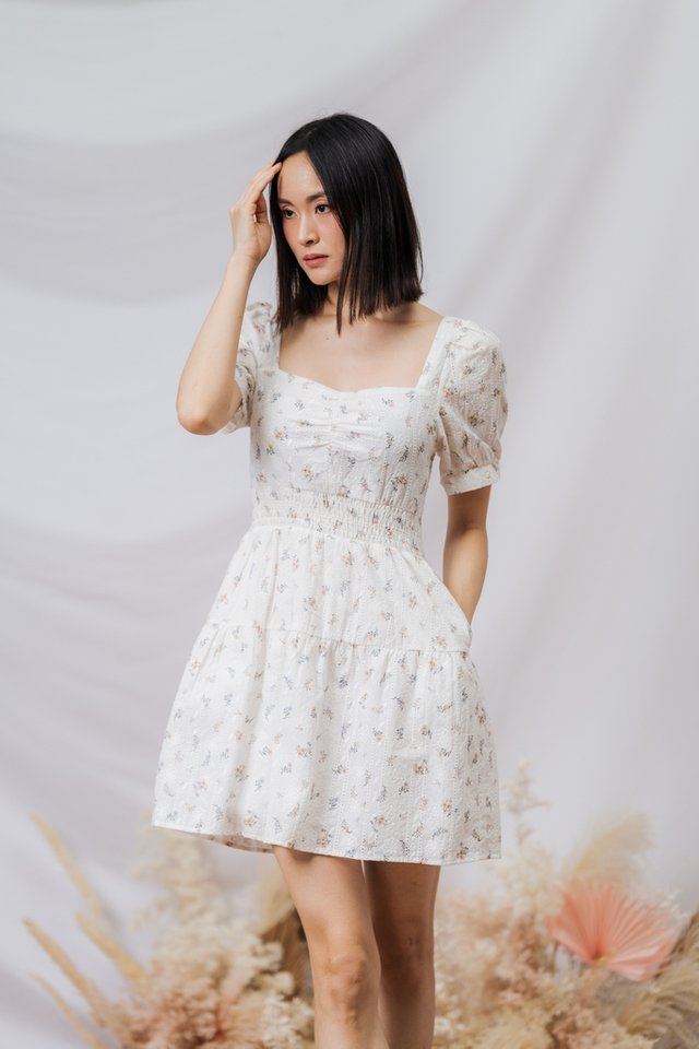 Florenza Floral Sleeve Dress in White 