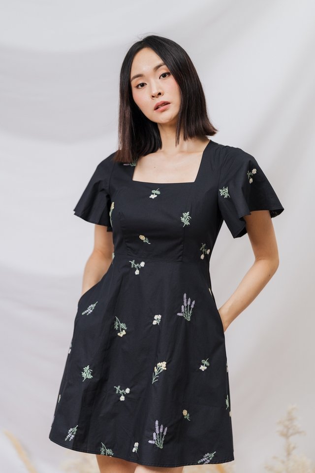 Chloe Embroidery Fit & Flare Dress in Black