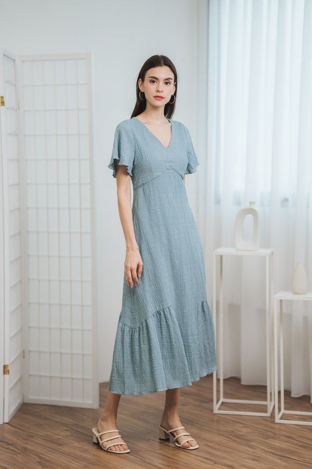 Aimee Textured Empire Maxi Dress in Sea Blue