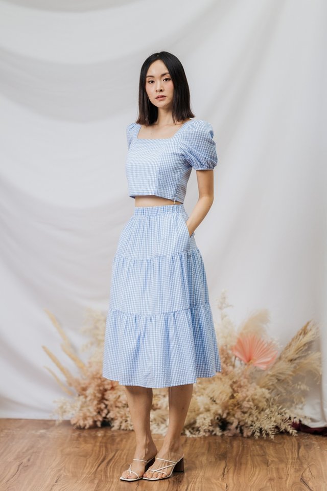 Sabby Gingham Tiered Midi Skirt in Blue Gingham (XXL)