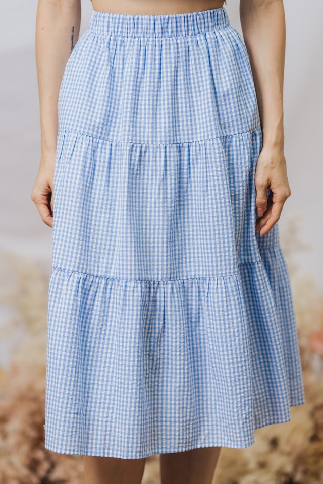 Sabby Gingham Tiered Midi Skirt in Blue Gingham 