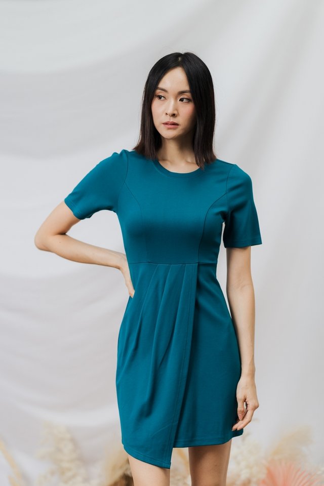 Kyra Overlap Cotton Work Dress in Teal