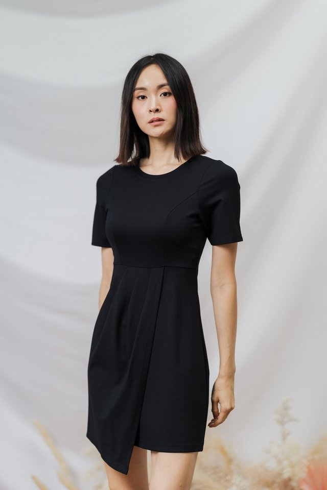 Kyra Overlap Cotton Work Dress in Black