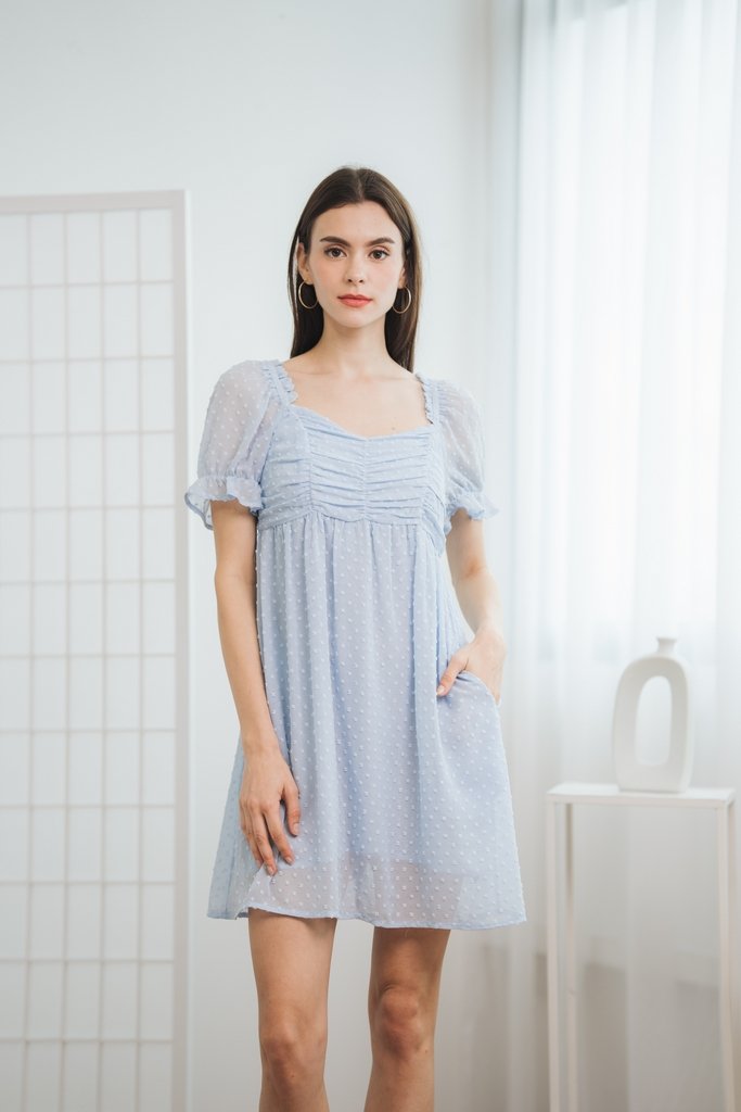 Kennedy Swiss Dots Ruched Dress Romper in Powder Blue (XS)